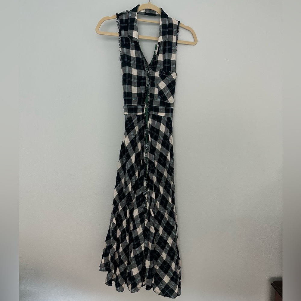 FREE PEOPLE plaid open crossback collared maxi dress sz 0 blue green pockets